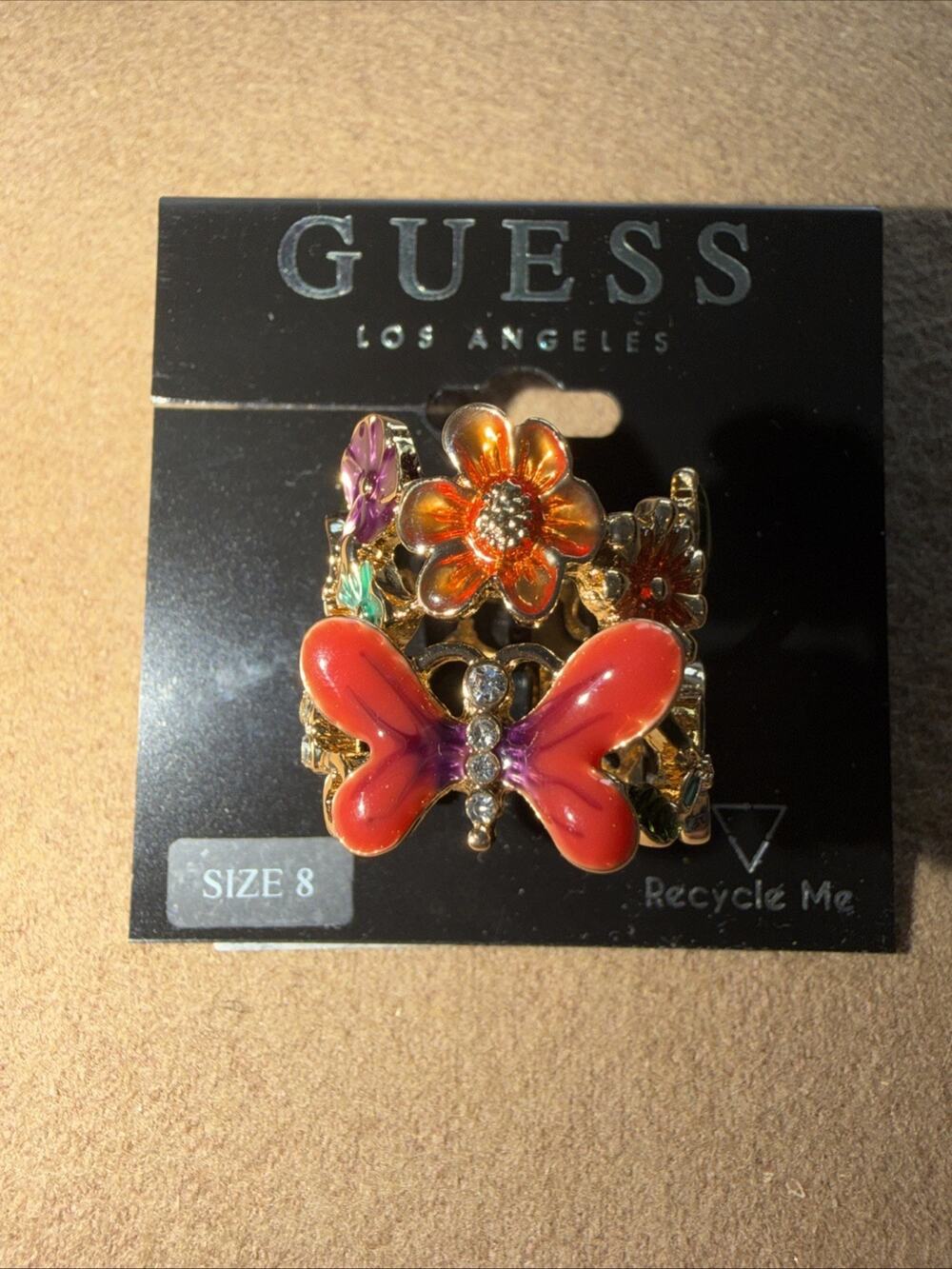 Guess Womenās Gold Tone Ring Butterfly And Flowers Size 8